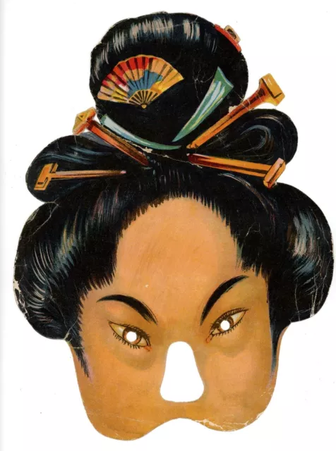 Antique Victorian Die Cut & embossed fancy dress mask Geisha Girl 1880s #52 rare