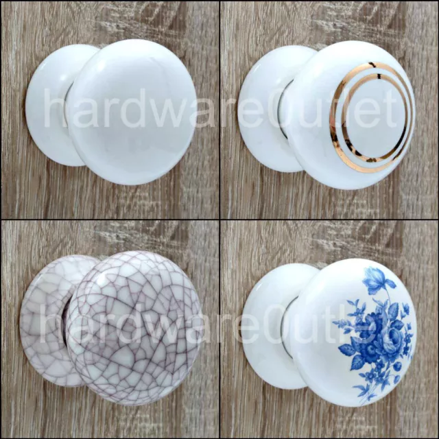 CERAMIC Cottage Mortice Door Knobs Matching Finger/Push Plates White Cream ZQ