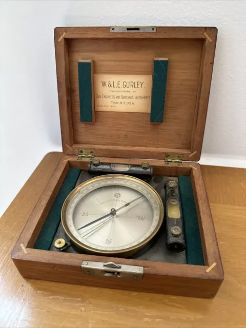 Antique W. & L. E. Gurley Surveying Compass Transit Troy, New York Brass BOXED!