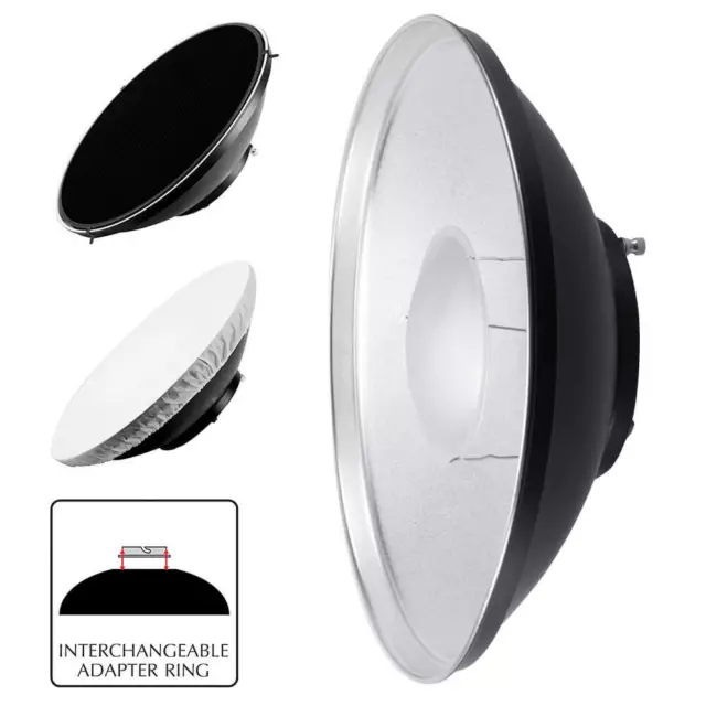 Silver Interior Beauty Dish with Grid Diffuser Cap Interchangeable Fitting