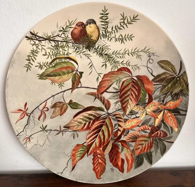 Antico piatto decorativo - ceramica -dipinto a mano / uccellini-foglie