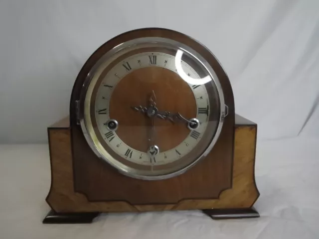 Vintage mid century Smiths Enfield wooden case mantle clockwork clock