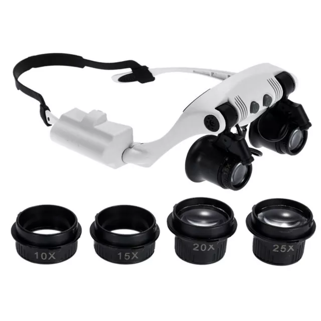 10X 15X 20X 25X Dual Eye 8-Lens Jewelry Watch LED Light Headband Magnifier Loupe