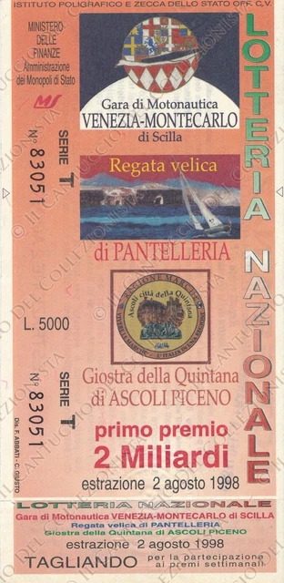 1998 LOTTERIA Nazionale Premio 2 Miliardi Venezia biglietto