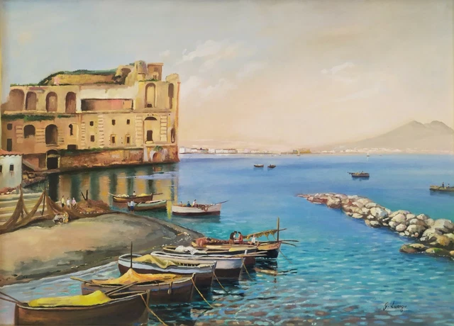 Grande Peinture à L'huile - Paysage Nocturne Golfe De Naples - Domenico Modestino, XXe