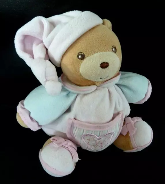 D5. DOUDOU PELUCHE KALOO BOULE OURS rose bleu poche coeur grelot bonnet 18cm  BE