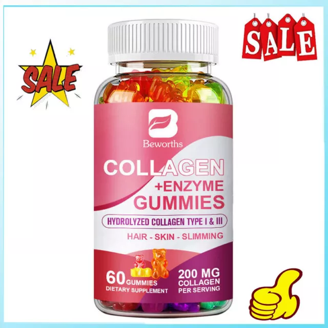 60 Pills Collagen & Enzyme Gummies Hydrolyzed Collagen Boost Metabolism & Detox~