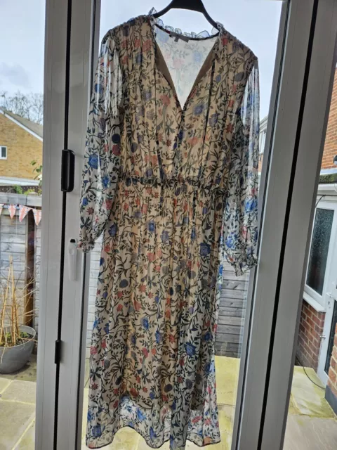 Next White Floral Long Sleeve Dress - Size 16