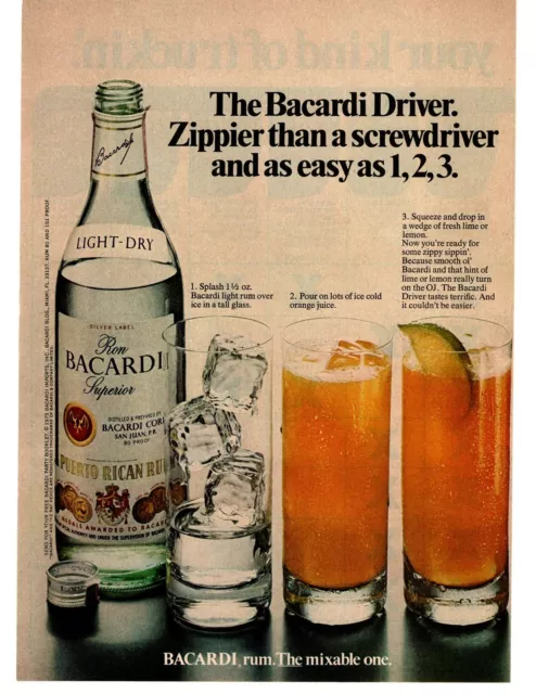 1976 Bacardi Light Rum Zippier Than A Screwdriver Orange Juice Lime Ice Print Ad