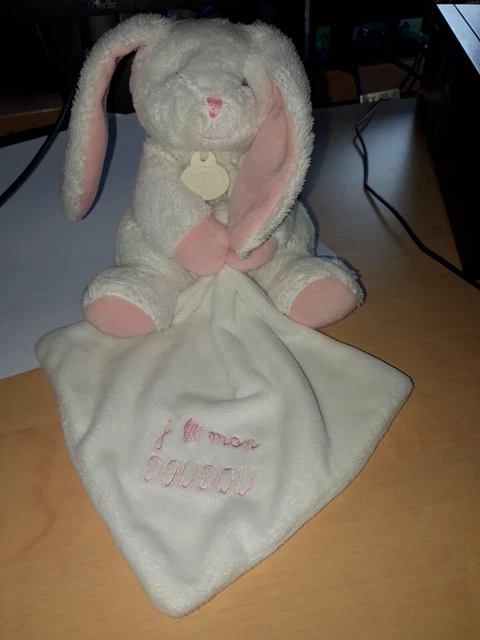 Doudou Lapin mouchoir blanc rose J’aime mon doudou 17cm Doudou et Compagnie
