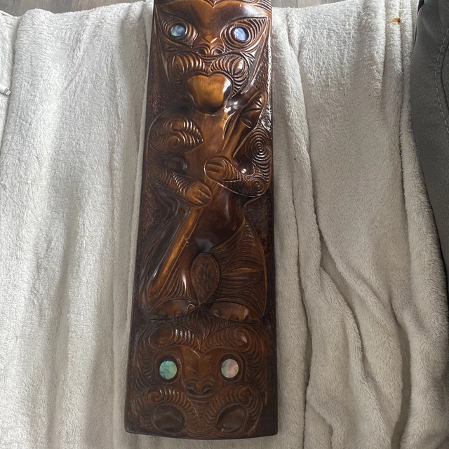 Kauri Wood Vintage Totem Plaque Hand carved In Aotearoa N.Z. 18”
