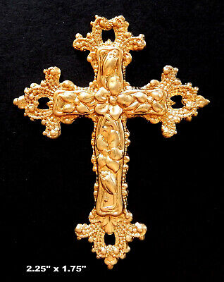 Vintage Brass Stamping  Large Cross / Ornate Floral Design