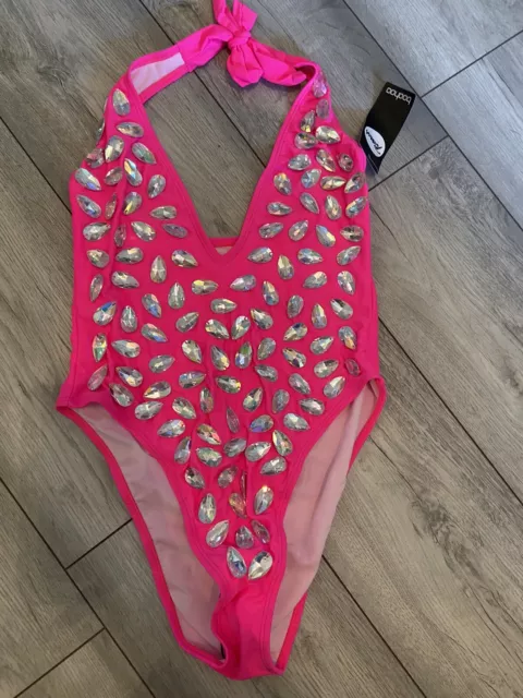 Boohoo neon pink high leg swimsuit with rhinestones size 8 BNWT