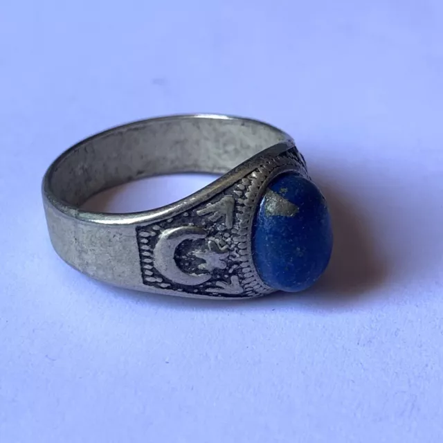 Rare Ancient Roman Legionary Emperor Silver Engraved Ring With Blue Stone