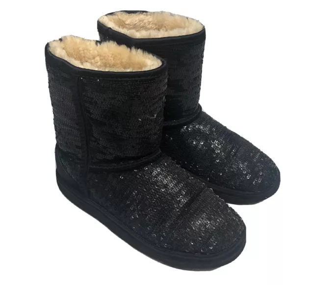 UGG Australia 1004885Y  Girls  Short Black Sequins￼ Winter Boots Pull On Size 5