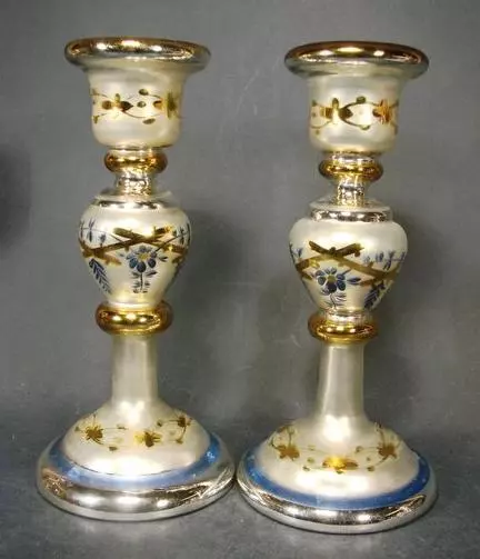 Paar Bauernsilber / Silberglas Kerzenleuchter 19.Jh. Modelgeblasen. Emailb.