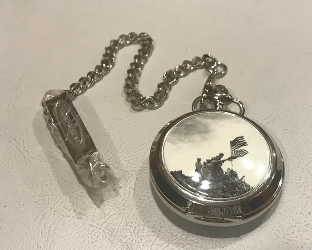 Trump Marina Hotel Casino Pocket Watch Iwo Jima Silver Tone 11.5 Fob & clippers
