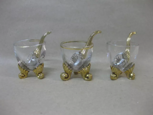 3 Vintage Miniature Footed Glass Open Salts & Glass Spoons / Ladles~ Scroll Feet