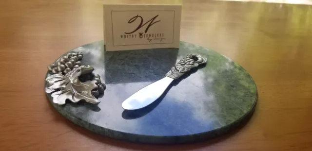 Seagull Pewter ~ 8" Round Green & Grapes Marble Cheese/Charcuterie 2-piece set