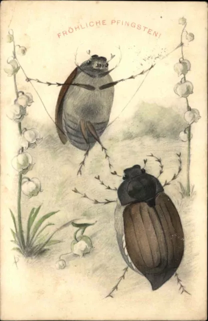 Frohliche Pfingsten Beetle Bugs Playing Fantasy Anthropomorphic Postcard c1910