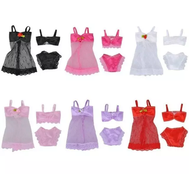 Girl Fashion Doll Clothing Lingerie Underwear Bra Knickers & Gown 3 Piece Set Uk