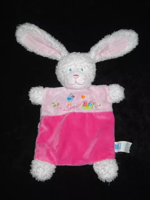 Doudou plat Lapin blanc rose vichy fushia Tex Baby Carrefour oiseaux brodés