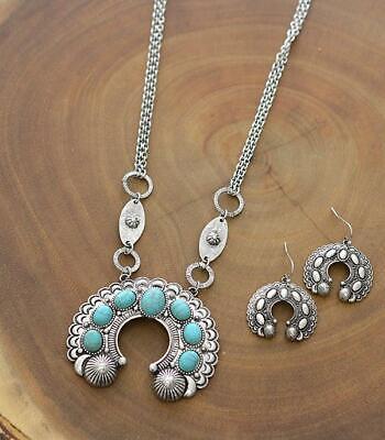 Silver-tone Two Chains Faux Blue Stones Squash Blossom Design Necklace Set 20"