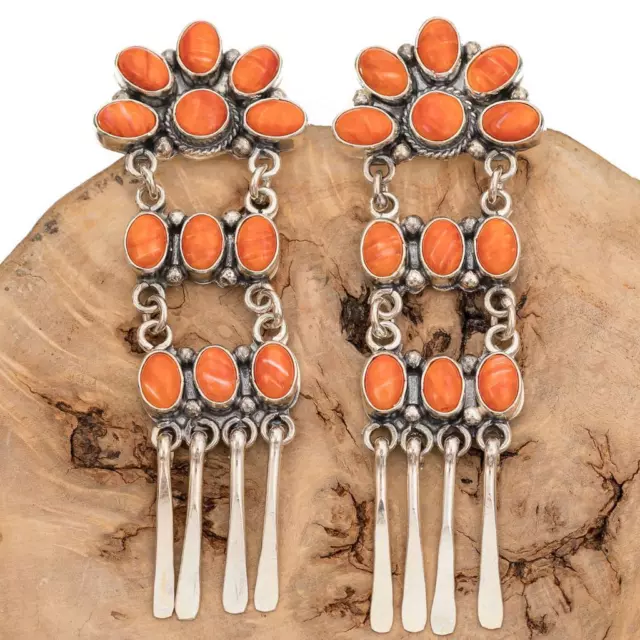 Navajo Earrings Orange Spiny Oyster "SANTA FE SUNRISE" Sterling Silver LONG