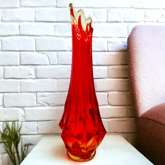 Kanawha Swung Vase Glass Amberina Diamond Point Frisco Faceted Red Vintage 10.5"
