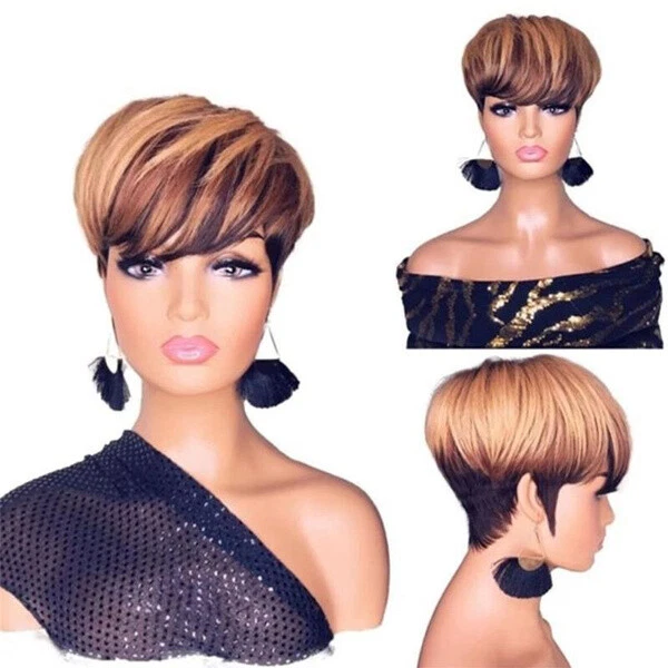 Women's Black Gradient Brown Wig Fluffy Short Straight Hair Cap Lace Front Wigs
