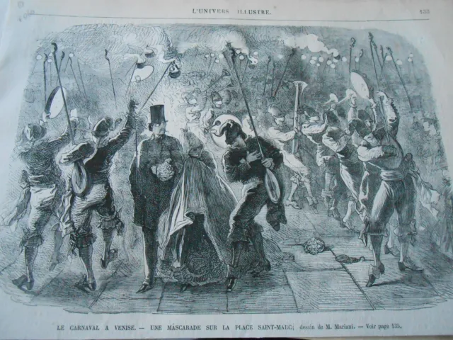 Gravure 1868 - Le Carnaval à Venise Une mascarade place Saint Marc