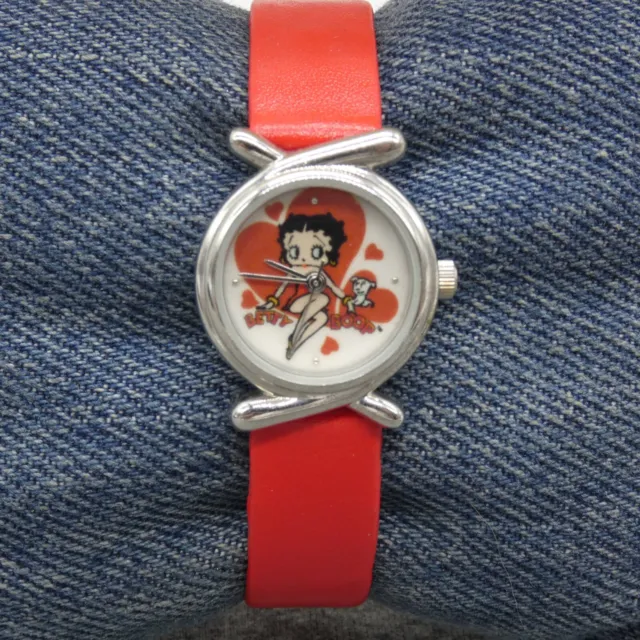Betty Boop Ladies Watch Quartz Red Faux-Leather Band Round 22 mm Silver Dial