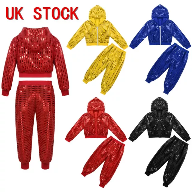 UK Boys Girls Shiny Sequins Dancewear Outfits Jazz Street Dance Hip Hop Costume