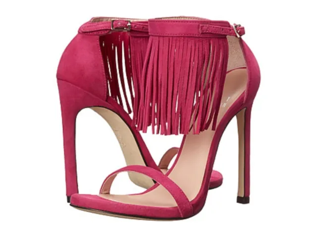 $455 NEW Stuart Weitzman Lovefringe Pink Suede Sandals US 4.5 High Heels Shoes