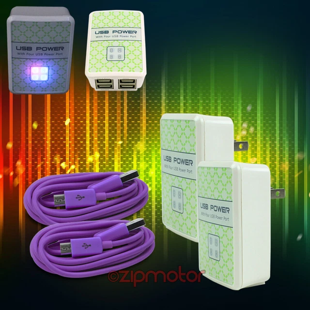2X 4 Usb Port Hub Wall Adapter+6Ft Cable Power Charger Purple Galaxy Note Nexus