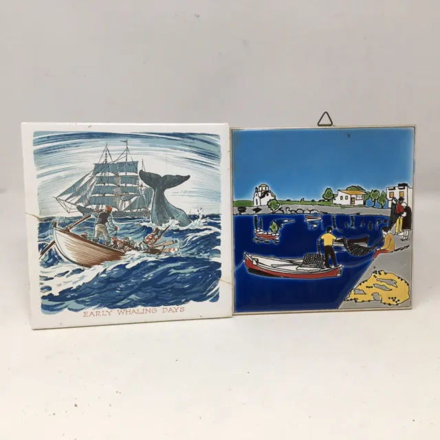 2 - Vtg Hand Painted Decorative Ceramic Tile Fishing Whaling Theme Screencraft