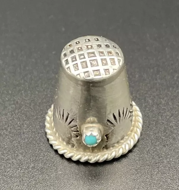 Navajo Sterling Silver Thimble Etched Decorations Inset Tourqouise Stone