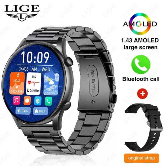 Lige Amoled-Montre Connectée Acier Étanche, Appel Bluetooth, Fréquence Cardiaque