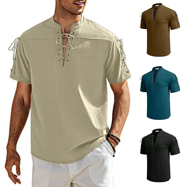 Uomo Scollo V Manica Corta Tinta Unita Muscolo Camicie Top Casual con Lacci T
