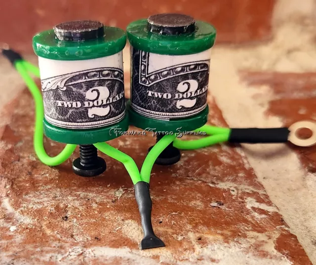 Máquina de tatuaje 1" 8-32 8 bobinas envolventes lavadoras verdes cal billete de $2 dinero americano