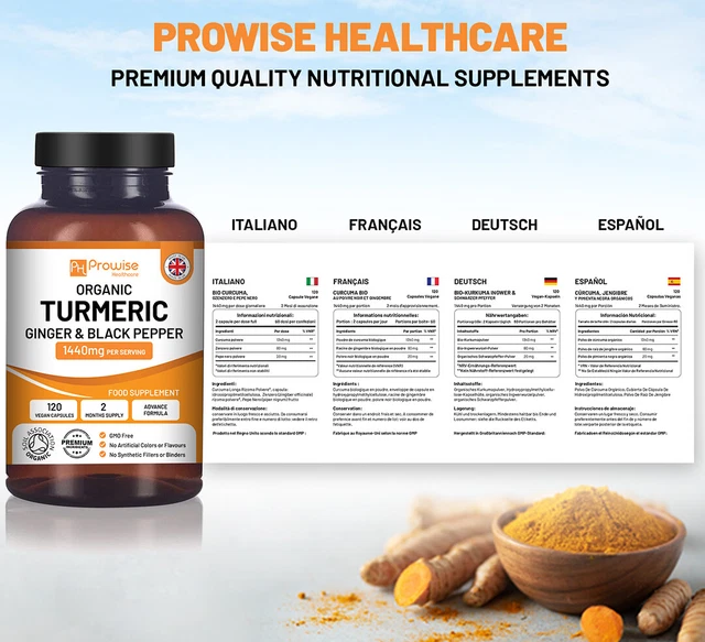 PROWISE ORGANIC TURMERIC Curcumin 1440mg 120 Capsules with Black Pepper
