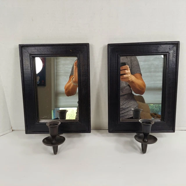 2 Black Wood Frame Mirror Reflector Taper Candle Sconce Wall Mount 12x8"