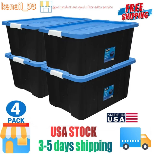 27 GALLON HEAVY Duty Latching Plastic Storage Bin, Black Base/Blue Lid