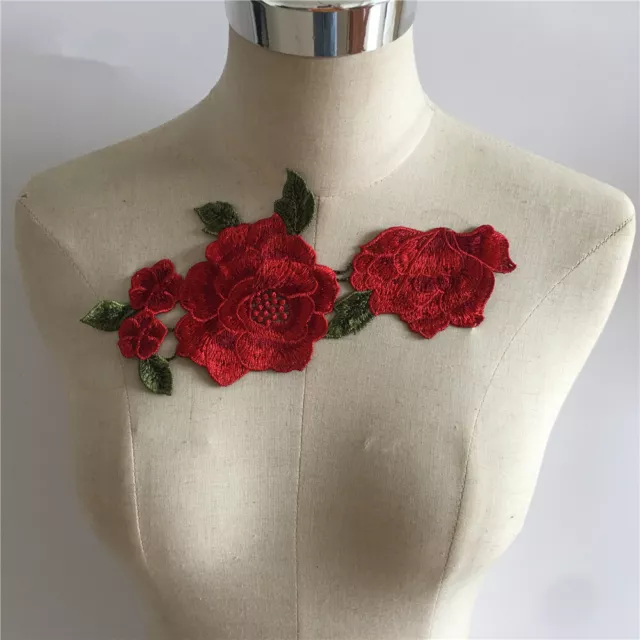 Red Rose Flower Lace Collar Embroidered Neckline Trim Sew Patch Applique Dress