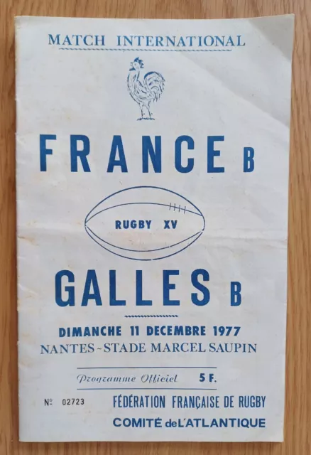 France B V Wales B - 11Th December 1977 Rugby Programme