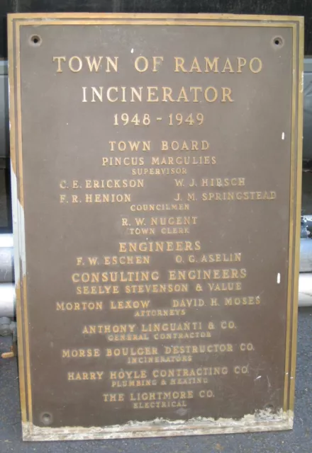 Town of Ramapo Incinerator 1948 Bronze Sign Rockland County NY Margulies Nugent