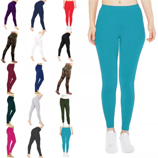 Womens Cotton Soft Yoga Pants Plain Gym Leggings Fitness Sports Running Trousers