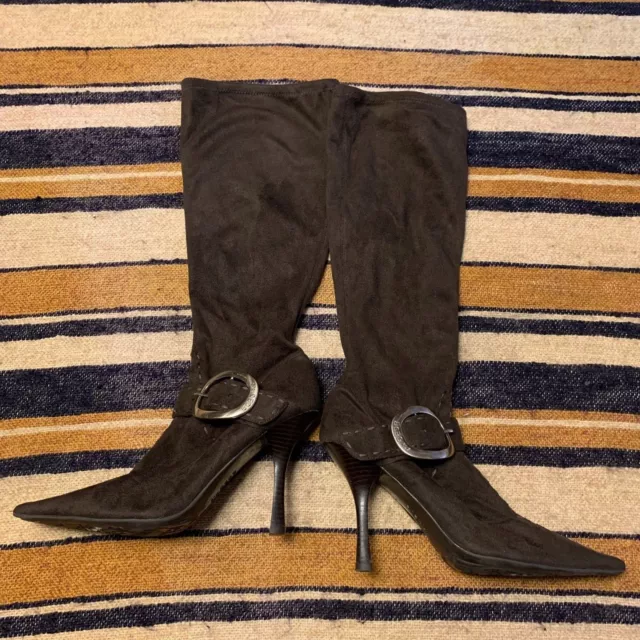 90s Knee High Boots Suede Brown Y2K Vintage Buckle Pointed Toe Funky Stiletto