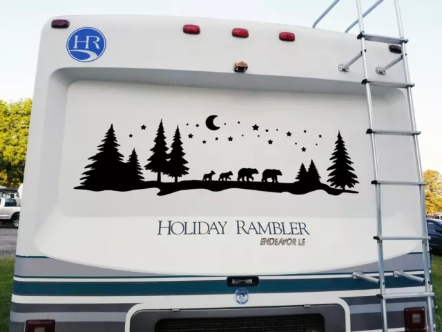 Bear Family Moon Stars Trees Scene Vinyl Decal - Forest Camper Graphics Die Cut