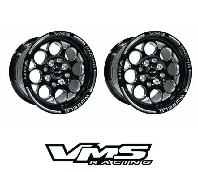 x2 VMS RACING MODULO 15X7 BLACK SILVER DRAG RIMS WHEELS 4X100/4X114 ET35 PAIR